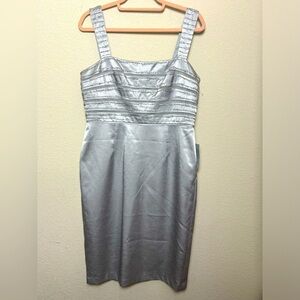 NWT Adrianna Papell Metallic Silver Shantung Silk Beaded Sheath Dress 10